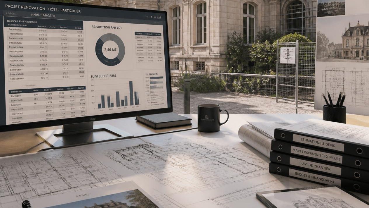 Bureau avec plans d'architecture, budget et suivi de chantier
